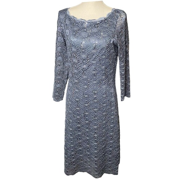 Lace Dress Silver Sequin Sheath Cocktail Party Evening Long Sleeve  size 12 - Picture 1 of 12